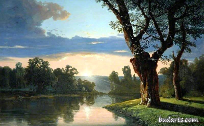 有河有树的风景，日落