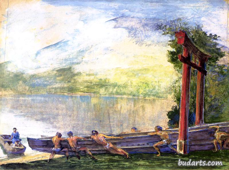 日本竹节湖岸边的一座都灵，渔民推着船出海