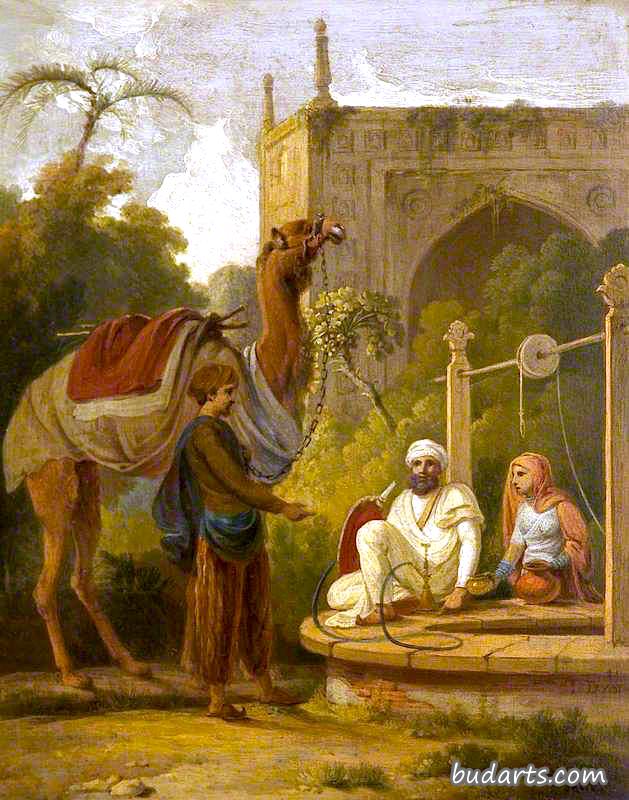 印度场景：井边的人像和骆驼