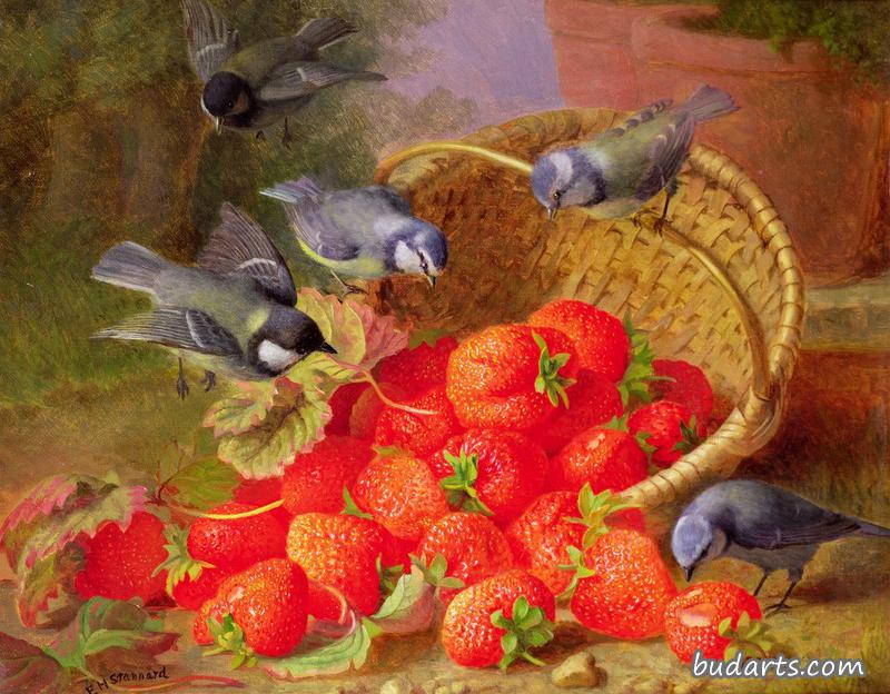 静物，草莓和蓝山雀