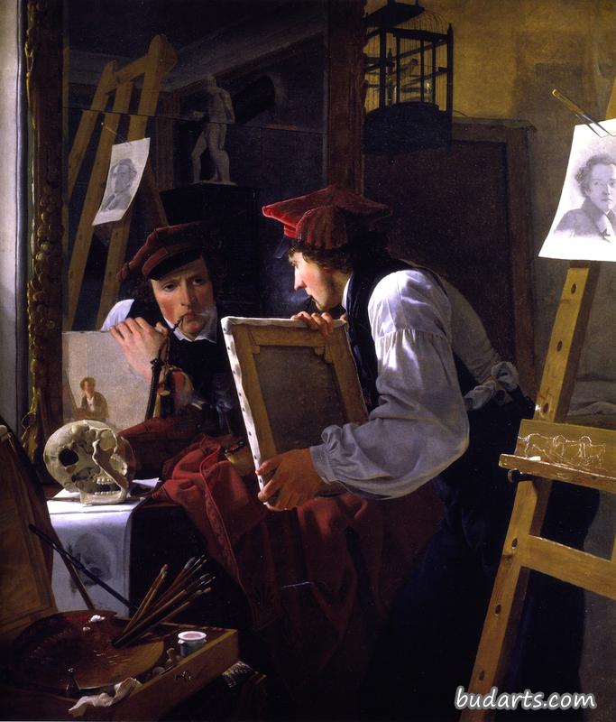 一位年轻的艺术家（迪特列夫布伦克）在镜子里检查一幅素描