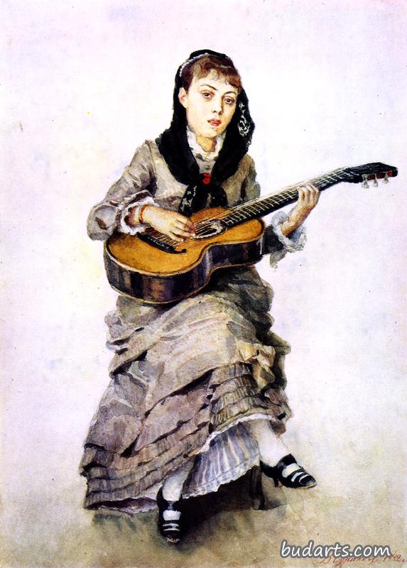 索菲娅·克洛波基娜带着吉他