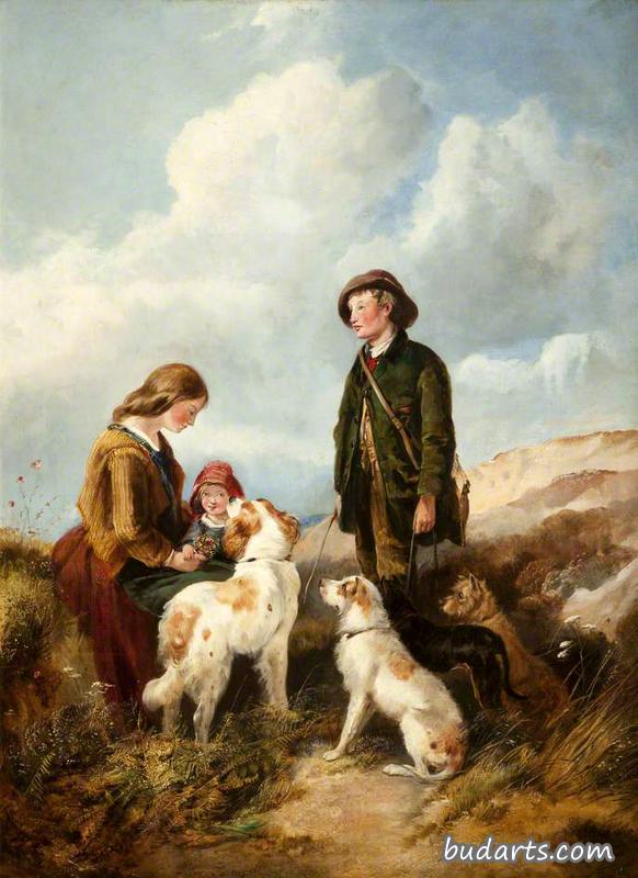 一男一女带着猎犬