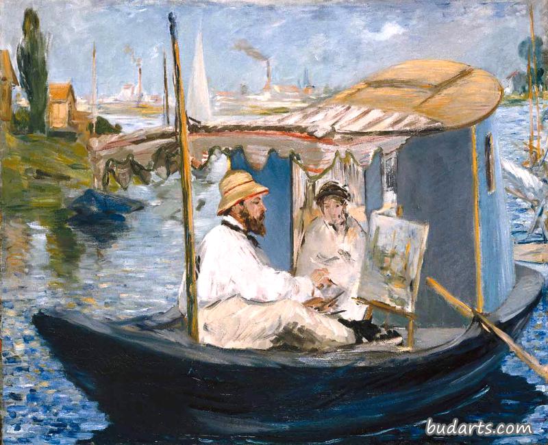 克劳德·莫内在阿根泰尔的船上画室画画