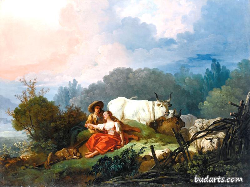 牧人和牧羊女休息的田园风光