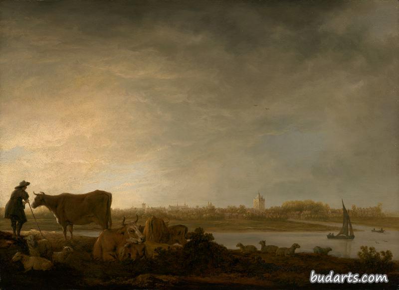 河边牧民牛群的维亚宁风景