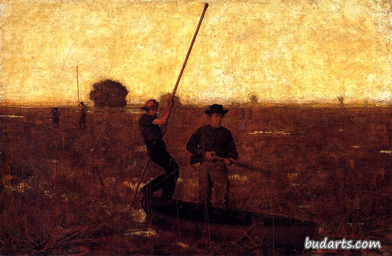 艺术家和他父亲在茫茫沼泽地上猎取芦苇鸟