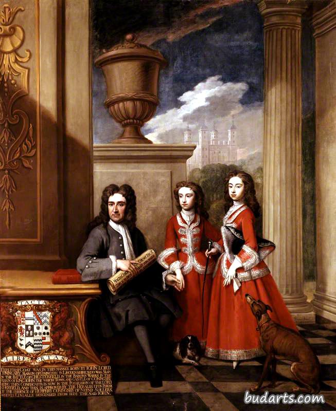 托马斯·康宁斯比和他的两个女儿，背景是伦敦塔