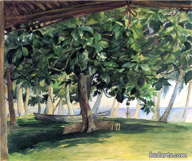 从小屋看，乌波卢瓦伊拉，面包果树，战鼓和独木舟，1890年11月19日