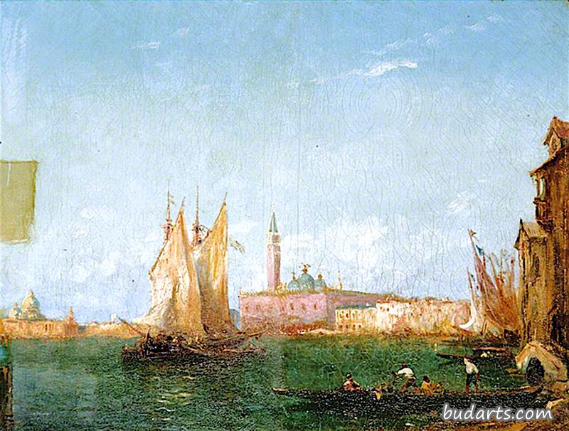 威尼斯场景：平底船和帆船