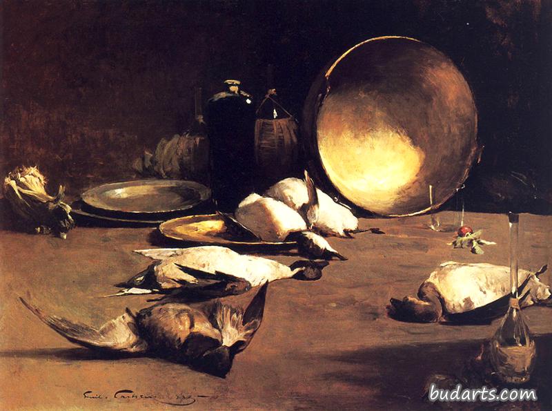静物，黄铜碗，鸭子和瓶子