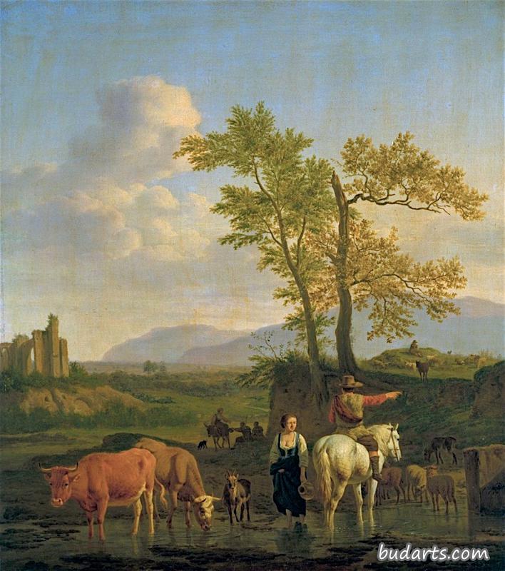 在意大利风景中，一个在福特的骑手，向一个牧民问路