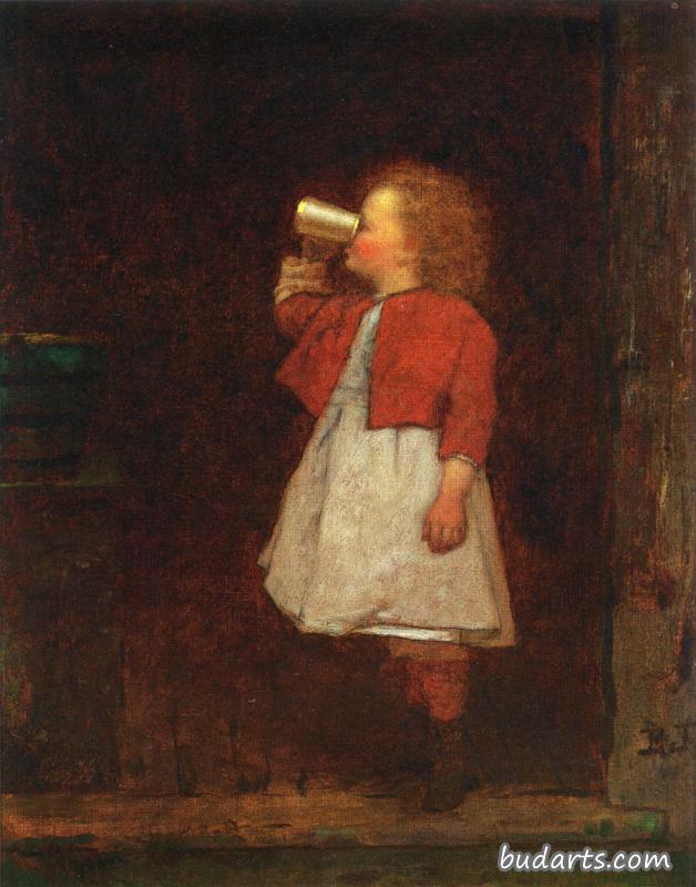 穿红色夹克的小女孩从杯子里喝水
