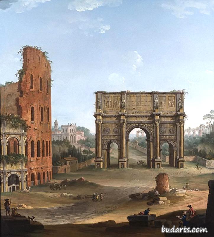 罗马，罗马竞技场和君士坦丁拱门的随意景观