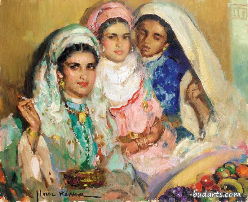 三个带着水果篮的摩洛哥女人