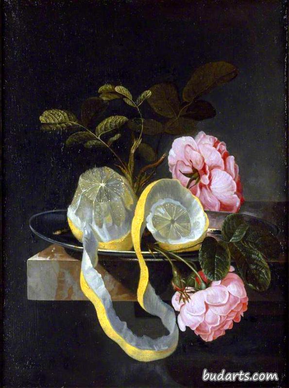 有柠檬和粉红玫瑰的静物画