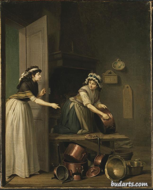 一个正在给铜盘做饭的女人