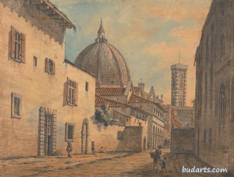 佛罗伦萨的一条街道，背景是教堂和钟楼