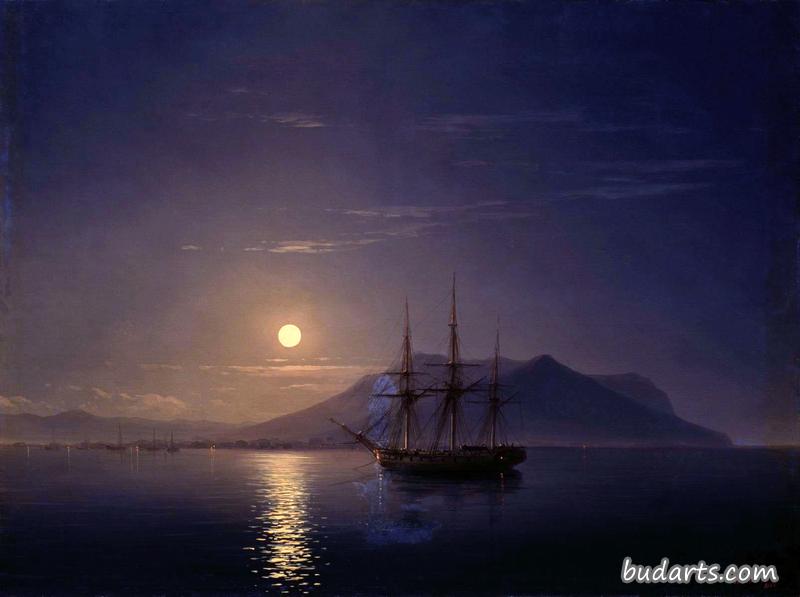 在月光下驶离克里米亚海岸的帆船