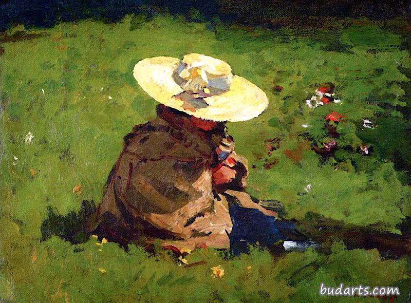 草丛中的玛丽：戴草帽的艺术家的女儿