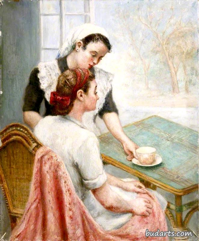 一位端着一杯茶的女士和女仆的画像