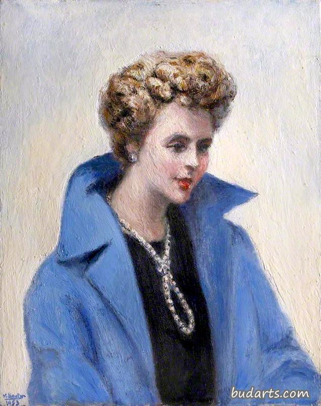 一位身穿蓝色珍珠大衣的女士的肖像