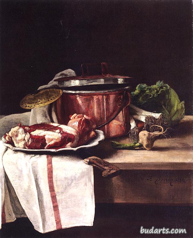 用铜锅盛着卷心菜、韭菜、大蒜和牛肉的静物画