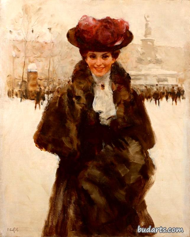 共和国广场上穿着毛皮大衣的女人