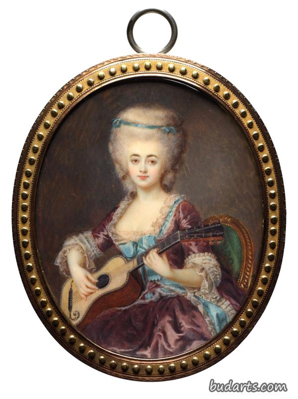 一个带吉他的女人的肖像，叫路易丝·德奥蒙特，马扎林，公爵夫人德奥蒙特