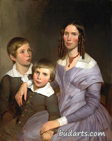 一位女士和她的两个儿子的画像
