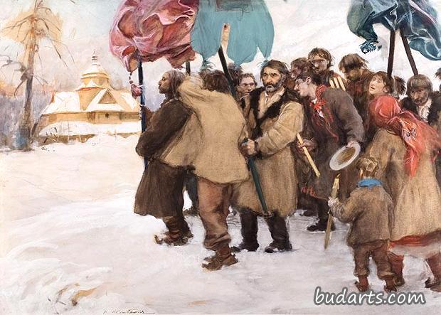喀尔巴阡山脉的冬天：哈苏人的游行队伍