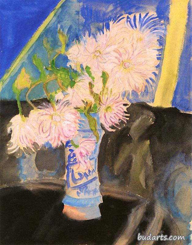 蓝色花瓶里的花