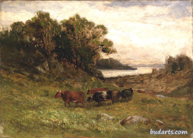 五头牛在树和河的背景下吃草