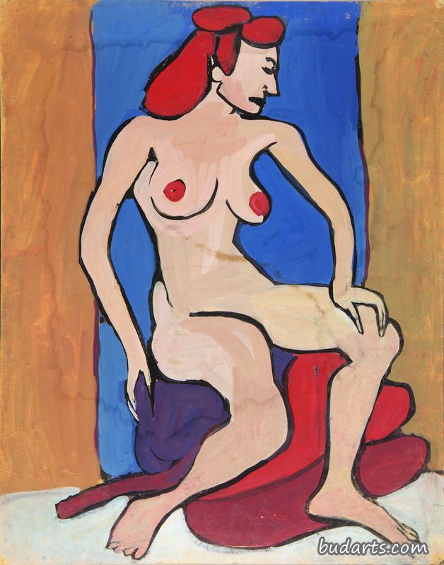 女性裸体，红色头发坐在枕头上