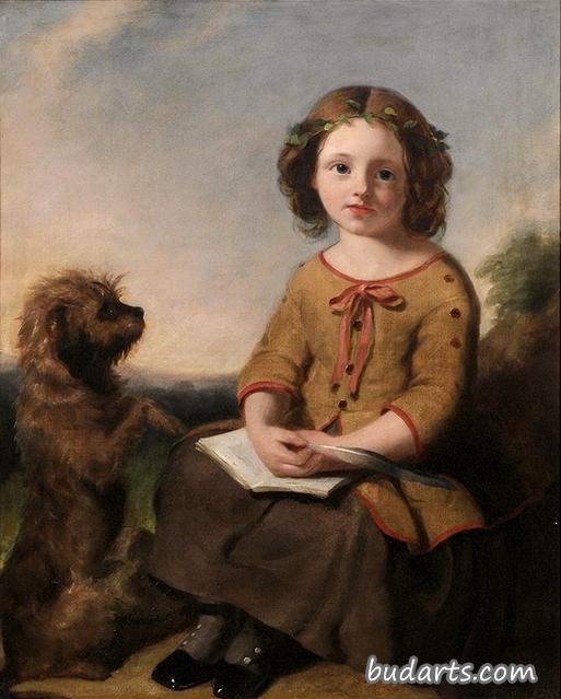 一个小女孩和一只猎犬的画像
