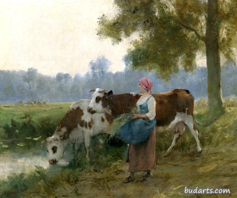 小女仆把牛放在水边