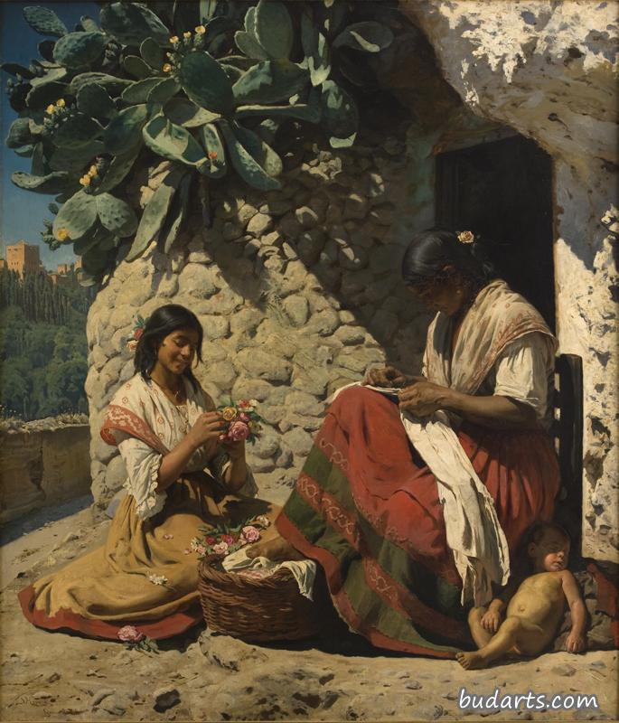 两个吉普赛女人在西班牙的小屋外