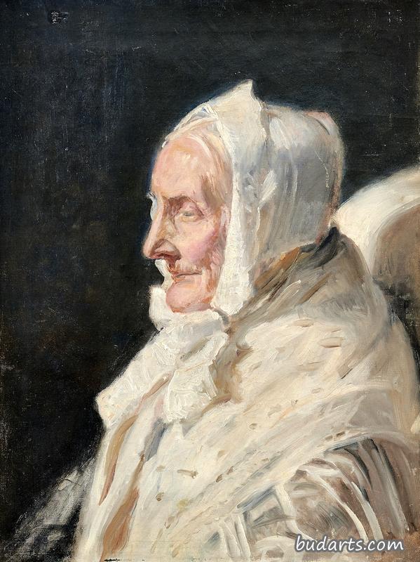 阿内·布兰登，艺术家的岳母，戴着白色帽子，披着白色披肩的侧面像