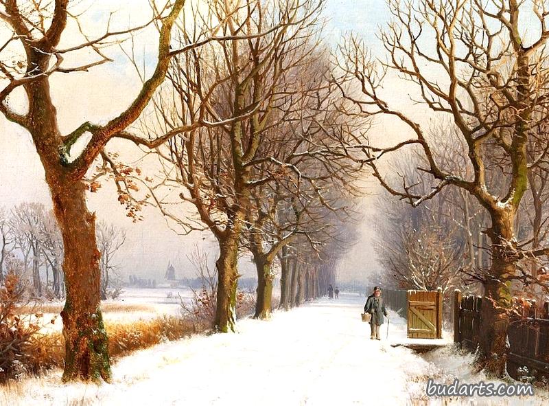 人们在小溪边散步的冬季场景 Anders Anderson Lundby 画园网