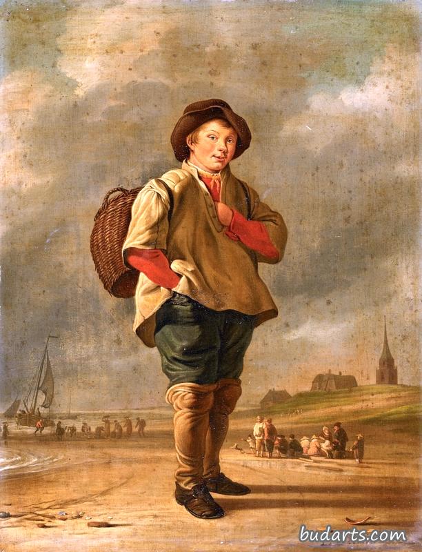 海边一个男孩提着篮子的场景