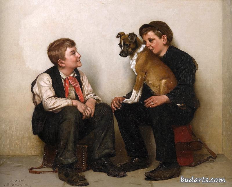 两个擦鞋男孩和一条狗