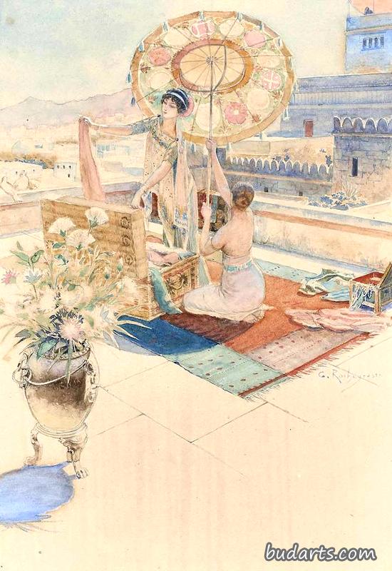 安提帕斯在阳台上看着一个年轻女孩和她的服务员