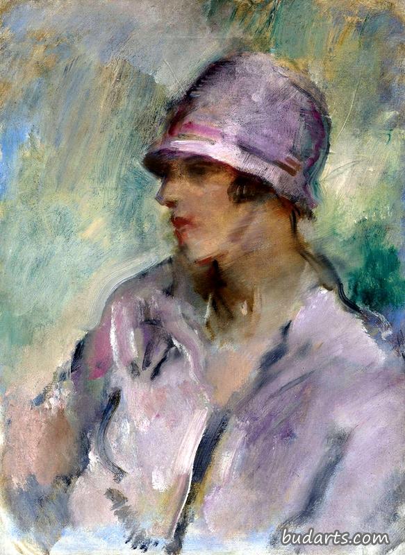 一位女士的肖像，半身像，戴着粉红色的帽子和外套