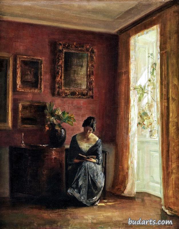 室内，女人在窗边看书