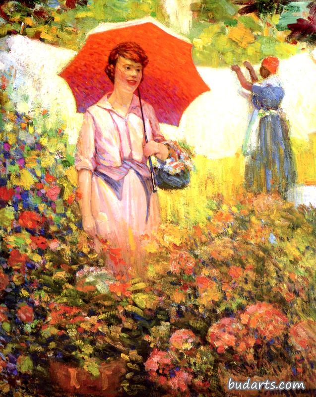 花园里带阳伞的粉红女士