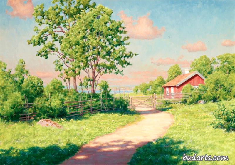 红色小屋的夏季景观
