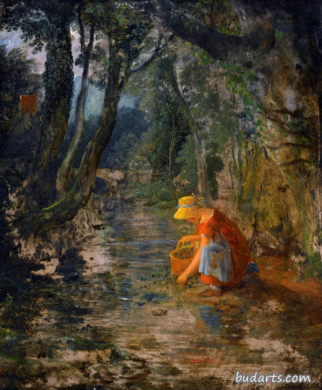 一个女孩在树林里的小溪边采集浆果