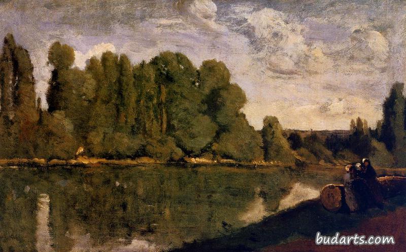 罗纳河-河岸上坐在树干上的三个女人