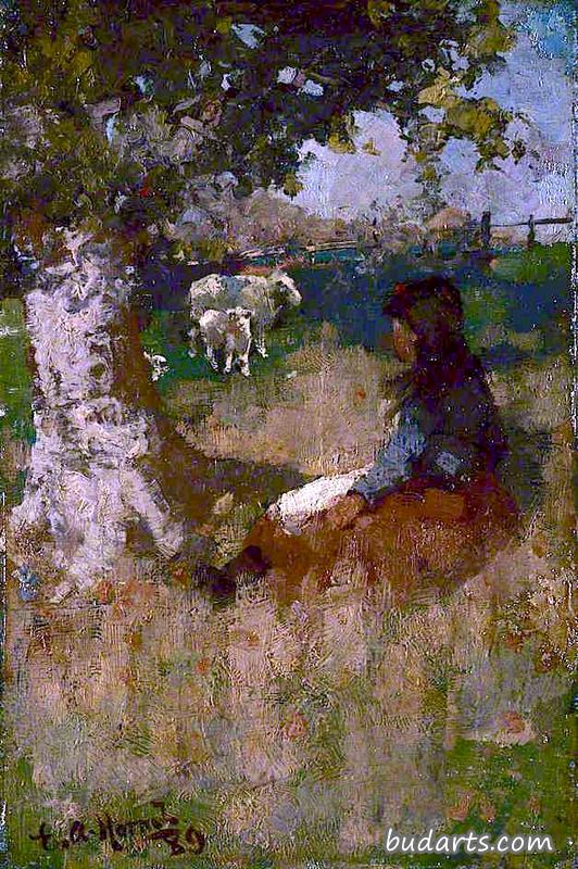 一个女孩和一只羊的风景