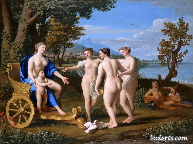 维纳斯与丘比特在三位女神的伴奏下形成的古典景观